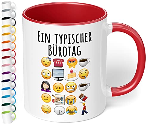 True Statements Lustige Büro Tasse Ein typischer Bürotag - lustige Kaffee-Tasse mit Spruch Emoticon Kaffeebecher, Geschenk für Mitarbeiter Kollegen Büro Arbeit Homeoffice Geburtstag Weihnachten (Rot) von True Statements