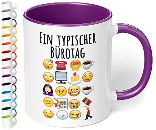 Lustige Büro Tasse Ein typischer Bürotag - 330ml Keramik Kaffeebecher mit Spruch Emoticon Geschenk Mitarbeiter Kollegen Büro Arbeit Homeoffice Geburtstag Weihnachten (Violett) von True Statements