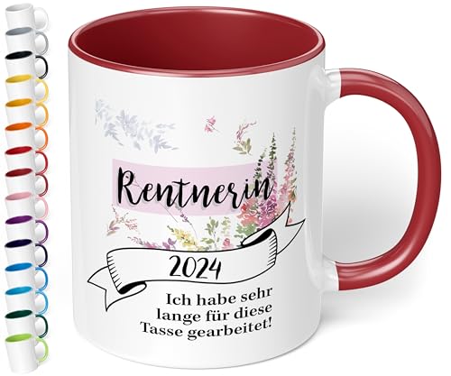 Tasse Rentnerin 2024 - BAND-Motiv - Kaffeetasse mit schönem Spruch - Geschenk zum Ruhestand, Rente - beidseitig bedruckt - spülmaschinenfest, innen bordeaux von True Statements