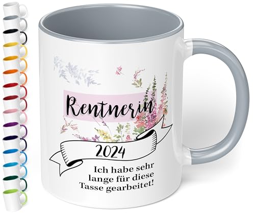 Tasse Rentnerin 2024 - BAND-Motiv - Kaffeetasse mit schönem Spruch - beidseitig bedruckt - spülmaschinenfest, hochwertige Keramik - innen grau von True Statements