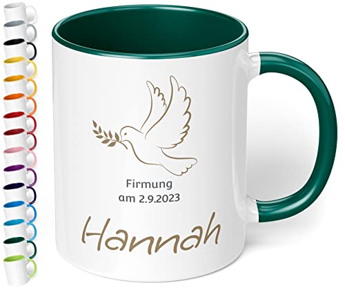 Tasse als Geschenk zur Firmung mit Namen und Datum „Firmung“ mit Tauben-Motiv – personalisierte Kaffeetasse für Mädchen & Jungen - Firmungs-Geschenke für Tochter Sohn Geschenkideen (Dunkelgrün) von True Statements