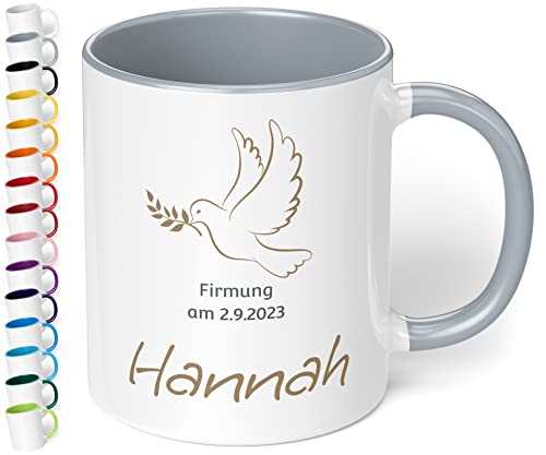 Tasse als Geschenk zur Firmung mit Namen und Datum „Firmung“ mit Tauben-Motiv – personalisierte Kaffeetasse für Mädchen & Jungen - Firmungs-Geschenke für Tochter Sohn Geschenkideen (Grau) von True Statements