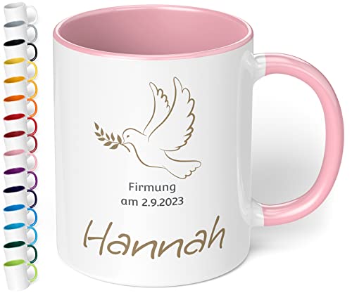 Tasse als Geschenk zur Firmung mit Namen und Datum „Firmung“ mit Tauben-Motiv – personalisierte Kaffeetasse für Mädchen & Jungen - Firmungs-Geschenke für Tochter Sohn Geschenkideen (Rosa) von True Statements