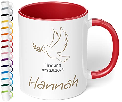 Tasse als Geschenk zur Firmung mit Namen und Datum „Firmung“ mit Tauben-Motiv – personalisierte Kaffeetasse für Mädchen & Jungen - Firmungs-Geschenke für Tochter Sohn Geschenkideen (Rot) von True Statements