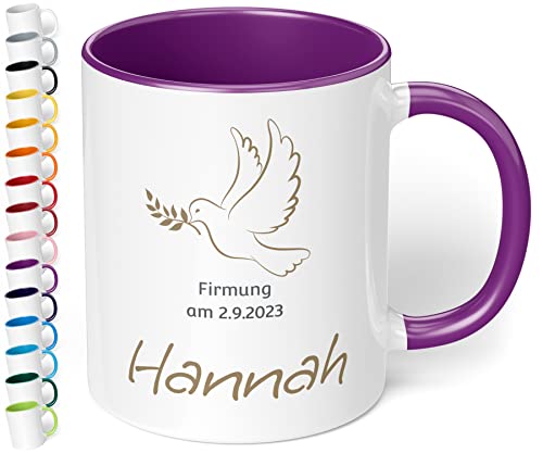 Tasse als Geschenk zur Firmung mit Namen und Datum „Firmung“ mit Tauben-Motiv – personalisierte Kaffeetasse für Mädchen & Jungen - Firmungs-Geschenke für Tochter Sohn Geschenkideen (Violett) von True Statements