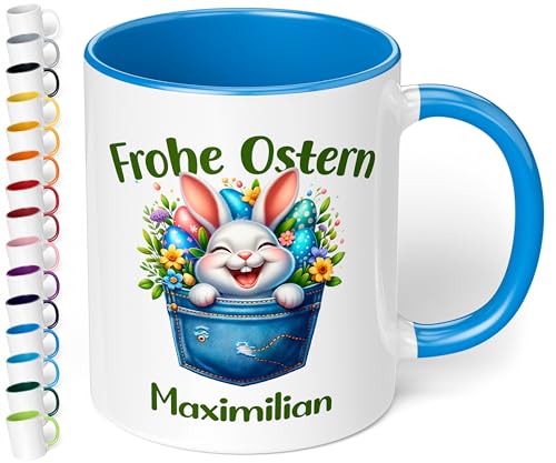 Tasse als Ostergeschenk personalisiert „Frohe Ostern“ Motiv: Osterhase Ostereier – 330ml Keramik Kaffeetasse mit Spruch – kleine Geschenke zu Ostern Easter gift (Cambridge Blau) von True Statements