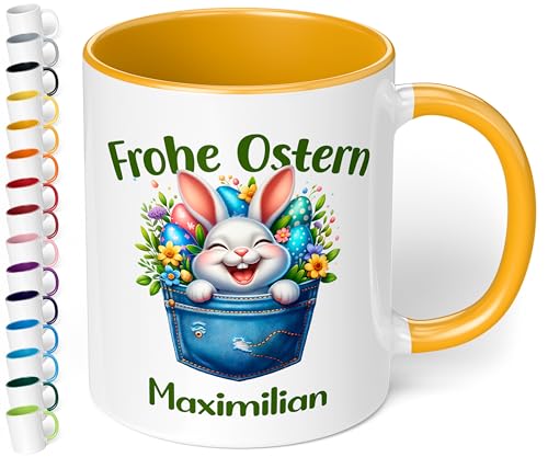 Tasse als Ostergeschenk personalisiert „Frohe Ostern“ Motiv: Osterhase Ostereier – 330ml Keramik Kaffeetasse mit Spruch – kleine Geschenke zu Ostern Easter gift (Goldgelb) von True Statements