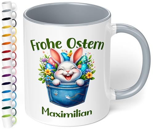 Tasse als Ostergeschenk personalisiert „Frohe Ostern“ Motiv: Osterhase Ostereier – 330ml Keramik Kaffeetasse mit Spruch – kleine Geschenke zu Ostern Easter gift (Grau) von True Statements