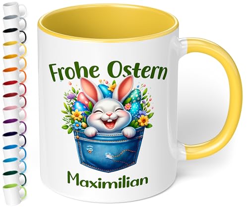 Tasse als Ostergeschenk personalisiert „Frohe Ostern“ Motiv: Osterhase Ostereier – 330ml Keramik Kaffeetasse mit Spruch – kleine Geschenke zu Ostern Easter gift (Hellgelb) von True Statements