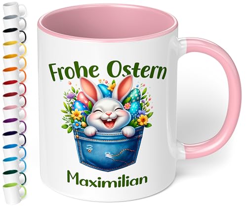 Tasse als Ostergeschenk personalisiert „Frohe Ostern“ Motiv: Osterhase Ostereier – 330ml Keramik Kaffeetasse mit Spruch – kleine Geschenke zu Ostern Easter gift (Rosa) von True Statements