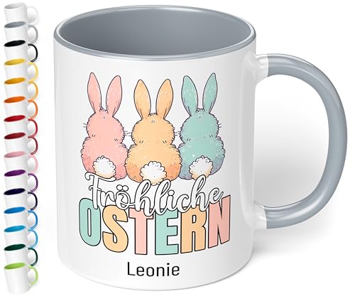 Tasse als kleines Ostergeschenk personalisiert „Fröhliche Ostern“ mit 3 süßen Osterhasen – 330ml Keramik Kaffeetasse – Geschenke zu Ostern Easter gift (Grau) von True Statements