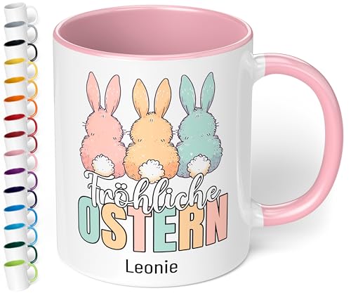 Tasse als kleines Ostergeschenk personalisiert „Fröhliche Ostern“ mit 3 süßen Osterhasen – 330ml Keramik Kaffeetasse – Geschenke zu Ostern Easter gift (Rosa) von True Statements