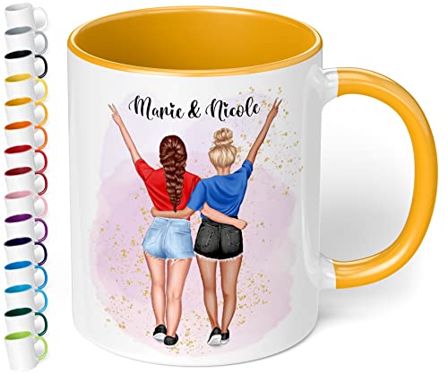 Tasse für beste Freundin „Freundinnen im Sommerlook“ – Kaffeetasse personalisiert mit Namen & Aussehen | BFF best friends | originelle Geschenke für BFF zum Geburtstag, Weihnachten (Goldgelb) von True Statements