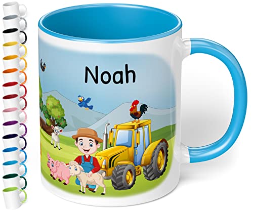 Tasse mit Namen für Kinder „Bauernhof“ – Kindertasse für Jungen & Mädchen personalisiert – Keramiktasse mit Bauernhoftieren & Traktor Kinderbecher – Geschenk zum Kindergartenstart (Hellblau) von True Statements