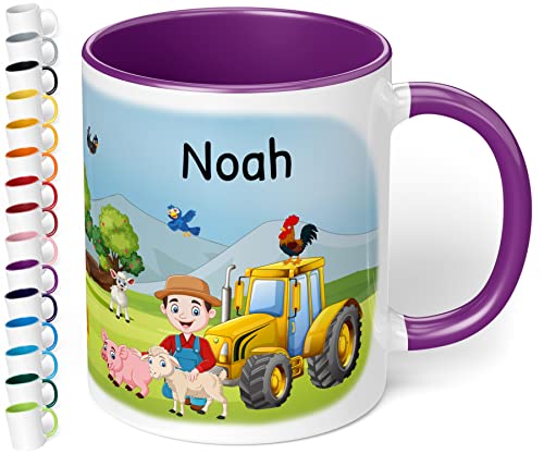 Tasse mit Namen für Kinder „Bauernhof“ – Kindertasse für Jungen & Mädchen personalisiert – Keramiktasse mit Bauernhoftieren & Traktor Kinderbecher – Geschenk zum Kindergartenstart (Violett) von True Statements