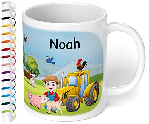 Tasse mit Namen für Kinder „Bauernhof“ – Kindertasse für Jungen & Mädchen personalisiert – Keramiktasse mit Bauernhoftieren & Traktor Kinderbecher – Geschenk zum Kindergartenstart (Weiß) von True Statements