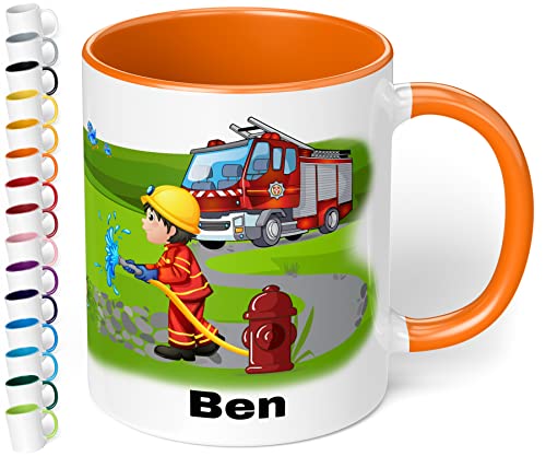 Tasse mit Namen für Kinder "Feuerwehrmann" – Kindertasse personalisiert – Feuerwehr Kinderbecher Trinkbecher für Jungen und Mädchen - rundum bedruckt – Geschenk zu Weihnachten, Geburtstag (Orange) von True Statements