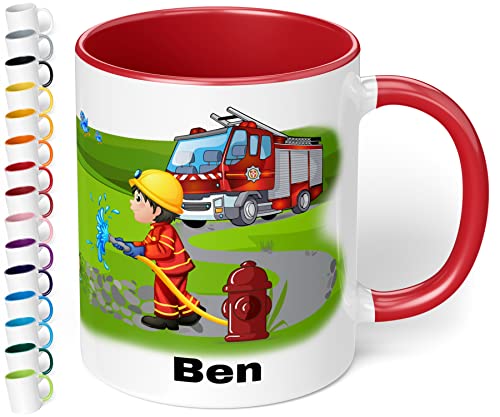 Tasse mit Namen für Kinder "Feuerwehrmann" – Kindertasse personalisiert – Feuerwehr Kinderbecher Trinkbecher für Jungen und Mädchen - rundum bedruckt – Geschenk zu Weihnachten, Geburtstag (Rot) von True Statements