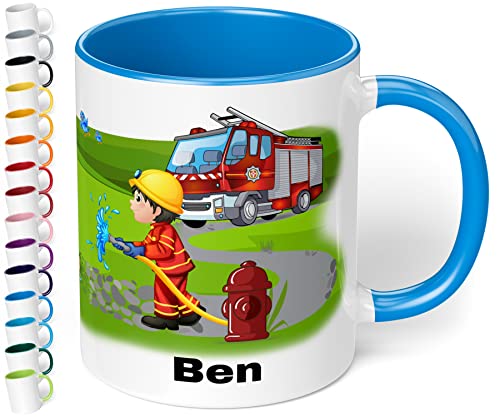 Tasse mit Namen für Kinder "Feuerwehrmann" – Kindertasse personalisiert – Feuerwehr Kinderbecher Trinkbecher für Jungen und Mädchen - rundum bedruckt – Geschenk zum Geburtstag (Cambridge Blau) von True Statements