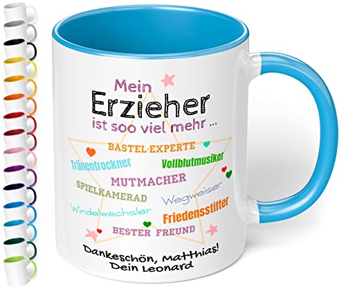 Tasse personalisiert Mein Erzieher ist soo viel mehr - lustige Dankeschön Kaffeetasse mit Spruch - Geschenk zum Kita Kindergarten Abschied, für Tagesvater (Individuell, Hellblau) von True Statements