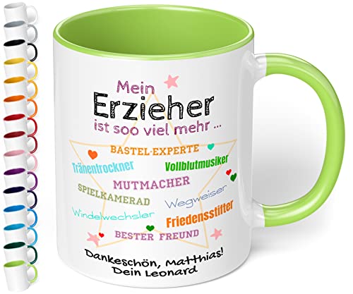 Tasse personalisiert Mein Erzieher ist soo viel mehr - lustige Dankeschön Kaffeetasse mit Spruch - Geschenk zum Kita Kindergarten Abschied, für Tagesvater (Individuell, Hellgrün) von True Statements