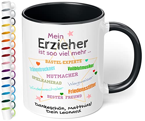 Tasse personalisiert Mein Erzieher ist soo viel mehr - lustige Dankeschön Kaffeetasse mit Spruch - Geschenk zum Kita Kindergarten Abschied, für Tagesvater (Individuell, Schwarz) von True Statements