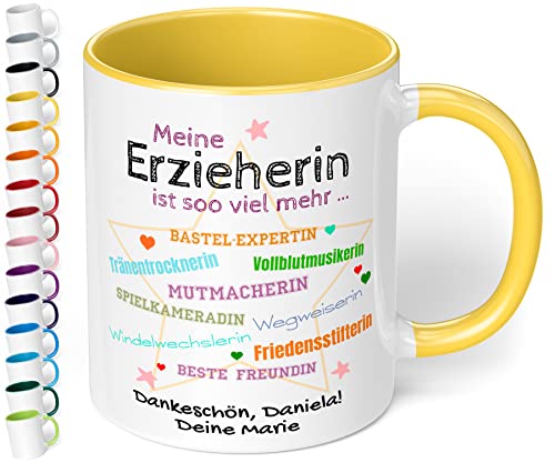 Tasse personalisiert Meine Erzieherin ist soo viel mehr - Dankeschön Kaffeetasse mit Spruch als Abschiedsgeschenk Kindergarten Kita für Erzieherin, Tagesmutter - spülmaschinenfest (Hellgelb) von True Statements