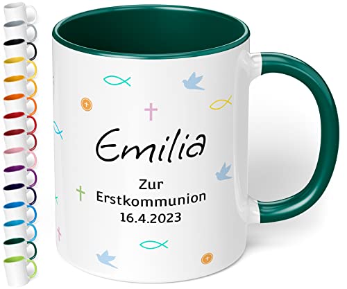 Tasse zur 1. heiligen Kommunion mit Namen und Datum „Zur Erstkommunion“ – personalisierte Kindertasse für Mädchen & Jungen - Kommunions-Geschenke von Paten Eltern Oma Geschenkideen (Dunkelgrün) von True Statements