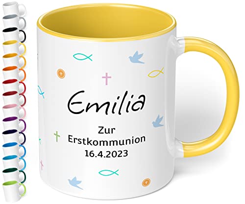 Tasse zur 1. heiligen Kommunion mit Namen & Datum personalisiert „Zur Erstkommunion“ – Mädchen & Jungen - Kommunions-Geschenke von Paten Eltern Oma 330ml Keramik (Hellgelb) von True Statements