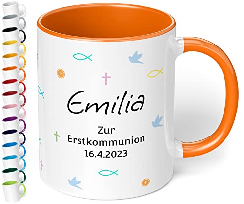 Tasse zur 1. heiligen Kommunion mit Namen & Datum personalisiert „Zur Erstkommunion“ – Mädchen & Jungen - Kommunions-Geschenke von Paten Eltern Oma 330ml Keramik (Orange) von True Statements