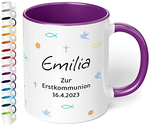 Tasse zur 1. heiligen Kommunion mit Namen & Datum personalisiert „Zur Erstkommunion“ – Mädchen & Jungen - Kommunions-Geschenke von Paten Eltern Oma 330ml Keramik (Violett) von True Statements