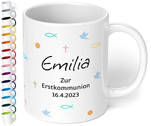 Tasse zur 1. heiligen Kommunion mit Namen und Datum „Zur Erstkommunion“ – personalisierte Kindertasse für Mädchen & Jungen - Kommunions-Geschenke von Paten Eltern Oma Geschenkideen (Weiß) von True Statements