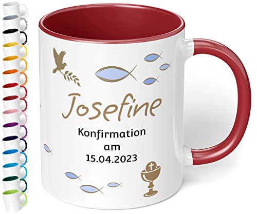 Tasse zur Konfirmation mit Namen und Datum personalisiert „Konfirmation am“ – 330ml Keramik Kaffeetasse für Mädchen & Jungen - Konfirmations-Geschenke (Bordeaux) von True Statements