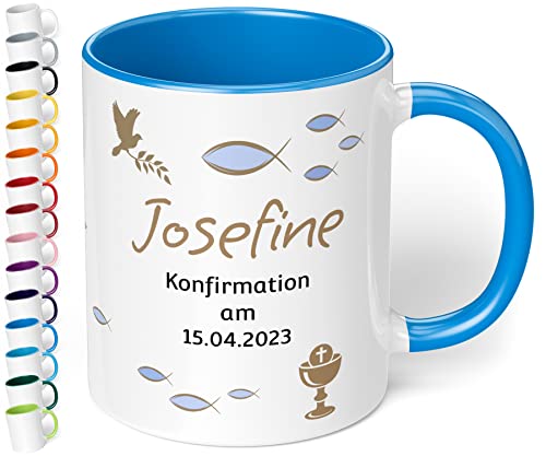 Tasse zur Konfirmation mit Namen und Datum personalisiert „Konfirmation am“ – 330ml Keramik Kaffeetasse für Mädchen & Jungen - Konfirmations-Geschenke (Cambridge Blau) von True Statements
