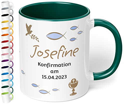 Tasse zur Konfirmation mit Namen und Datum personalisiert „Konfirmation am“ – 330ml Keramik Kaffeetasse für Mädchen & Jungen - Konfirmations-Geschenke (Dunkelgrün) von True Statements