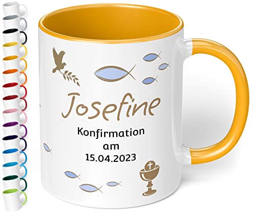 Tasse zur Konfirmation mit Namen und Datum personalisiert „Konfirmation am“ – 330ml Keramik Kaffeetasse für Mädchen & Jungen - Konfirmations-Geschenke (Goldgelb) von True Statements