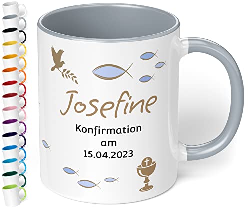 Tasse zur Konfirmation mit Namen und Datum personalisiert „Konfirmation am“ – 330ml Keramik Kaffeetasse für Mädchen & Jungen - Konfirmations-Geschenke für Tochter Sohn Geschenkideen (Grau) von True Statements