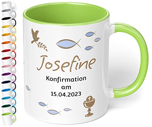 Tasse zur Konfirmation mit Namen und Datum personalisiert „Konfirmation am“ – 330ml Keramik Kaffeetasse für Mädchen & Jungen - Konfirmations-Geschenke (Hellgrün) von True Statements