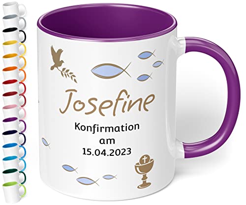 Tasse zur Konfirmation mit Namen und Datum personalisiert „Konfirmation am“ – 330ml Keramik Kaffeetasse für Mädchen & Jungen - Konfirmations-Geschenke (Violett) von True Statements