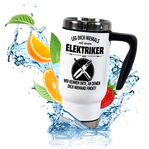 True Statements Thermobecher für Coffee to go „Leg dich niemals mit einem Elektriker an“ – lustiger ToGo Berufe-Kaffeebecher 470ml mit Handgriff – Geschenk Kollegen (Elektriker) von True Statements