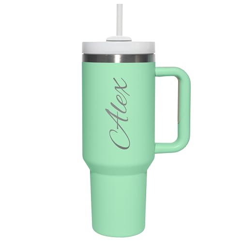 Thermobecher personalisiert „Wunschname“ mit Gravur veredelt - Trinkbecher mit Deckel und Strohhalm 1,2 l / 40 oz - personalisiertes Geschenk Geburtstag Weihnachten - Farbe Mint von True Statements