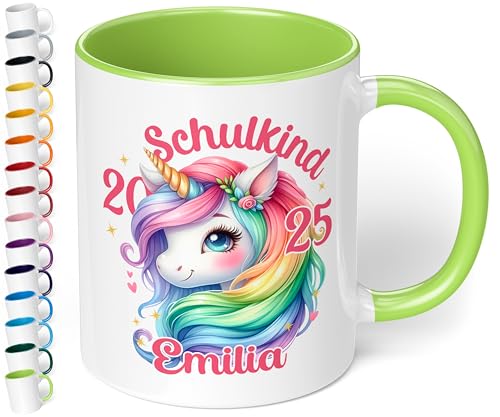 True Statements „Schulkind 2025“ Geschenk zur Einschulung für Mädchen: Keramik-Tasse - EINHORN pastelle Mähne - 330ml - personalisiert mit Namen Erstklässler Schüler 1. Klasse, Hellgrün von True Statements