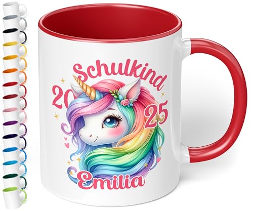 True Statements „Schulkind 2025“ Geschenk zur Einschulung für Mädchen: Keramik-Tasse - EINHORN pastelle Mähne - 330ml - personalisiert mit Namen Erstklässler Schüler 1. Klasse, Rot von True Statements