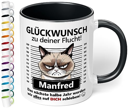 True Statements Abschiedsgeschenk für Kollegen: Keramik-Tasse personalisiert „Glückwunsch zu deiner Flucht!“ - 330ml - Katzen-Motiv - lustiger Kaffeebecher | Abschied neuer Job Wechsel (Schwarz) von True Statements