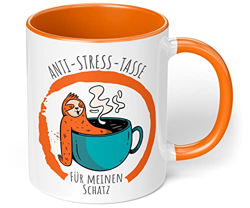 True Statements Anti-Stress-Tasse Faultier - Kaffeetasse beidseitig Bedruckt - spülmaschinenfest - Geschenk - Faultier (Orange, Für Meinen Schatz) von True Statements