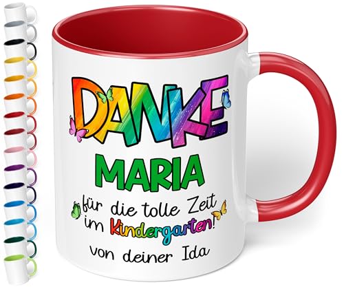 True Statements Dankeschön Kita Abschiedsgeschenk für Erzieherin: Keramik-Tasse personalisiert „Danke WUNSCHNAME – für die tolle Zeit im Kindergarten!“ - 330ml (Rot) von True Statements