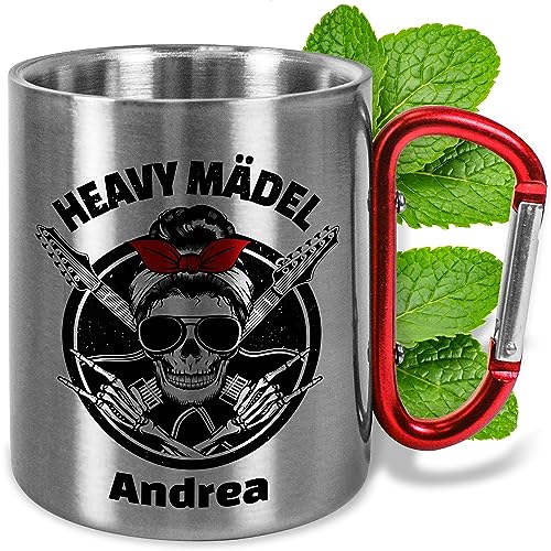 True Statements Edelstahl-Becher 330ml mit Karabiner personalisiert „Heavy Mädel“ – Becher mit Namen Outdoor Geschenke für Heavy Metal Fans Festival Camping Motorradfahrer Biker - Griff Rot von True Statements