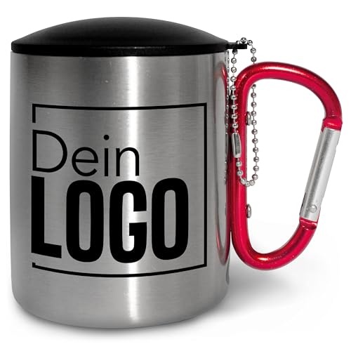 True Statements Edelstahlbecher mit Deckel und Karabiner personalisiert mit eigenem Logo - Festival oder Fasnetsbecher - 300 ml - Geschenk zum Outdoor & Camping - Griff Rot, Deckel von True Statements