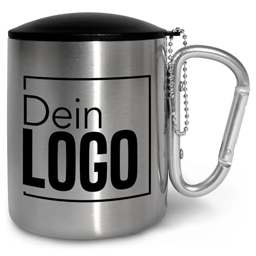True Statements Edelstahlbecher mit Deckel und Karabiner personalisiert mit eigenem Logo - Festival oder Fasnetsbecher - 300 ml - Geschenk zum Outdoor & Camping - Griff Silber, Deckel von True Statements