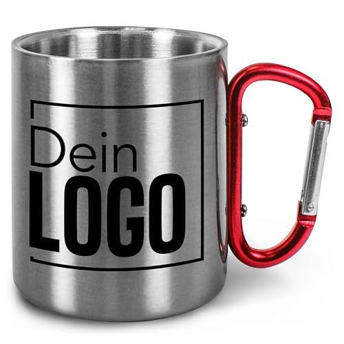 True Statements Edelstahlbecher mit Karabiner personalisiert mit eigenem Logo - Festival oder Fasnetsbecher - 300 ml - Geschenk zum Outdoor & Camping - Griff Rot von True Statements